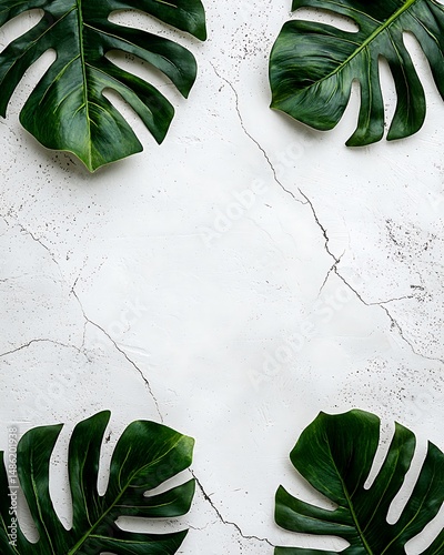 Vibrant Green Monstera Leaves Frame on White Textured Background