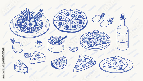 Hand drawn Italian Food Illustrations A charming collection of summer vacation themed pasta pizza and gelato drawings