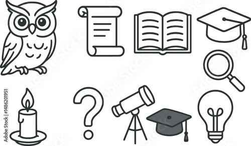Wisdom and knowledge outline icons set – learning, education, and insight symbols