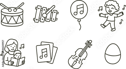Children's musical line icons set – outline, kids music and fun symbols