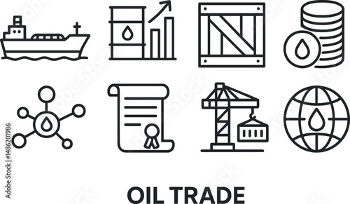 Global oil trade line icons set – outline, petroleum and energy industry symbols