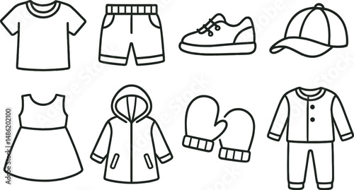 Children's clothing silhouette icons set – outline, kids wear, apparel illustrations