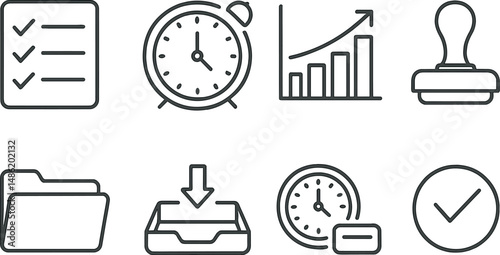 Office workflow icons set – outline, task management and productivity symbols