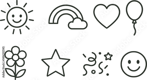Happy and positive icons set – outline, cheerful and joyful symbol designs
