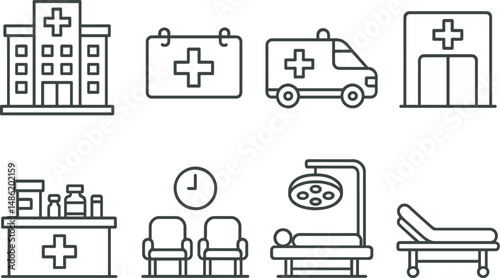 Medical facility outline icons set – healthcare, hospital and clinic symbols