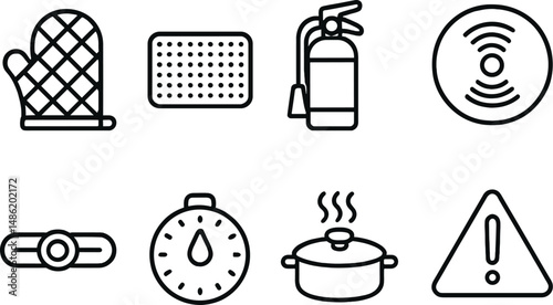 Kitchen safety line icons set – outline, cooking and hazard prevention symbols