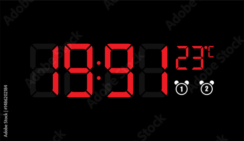 Red Digital Display on Black Background Featuring Time, Temperature, and Dual Alarm Icons, Ideal for Clock or Weather App Design and Technical Illustration