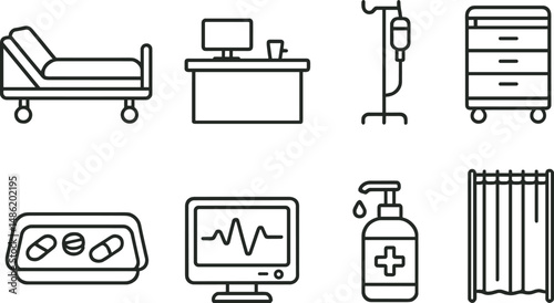Healthcare and medical outline icons set – hospital, clinic, and nurse station symbols