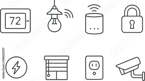 Smart home outline icons set – technology, automation and security symbols
