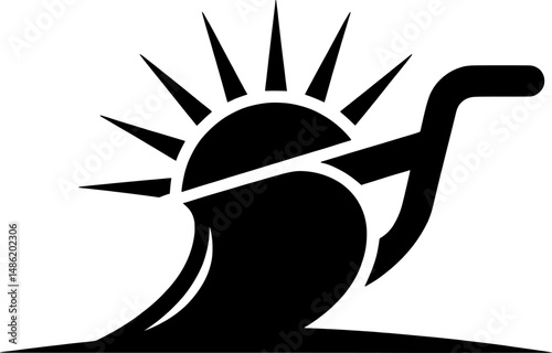 Bold black silhouette of a plow blade with sunburst rays in a clean sharp vector design