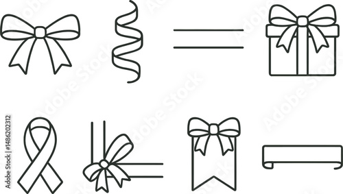 Gift ribbon linear icons set – outline, present and wrapping decoration symbols