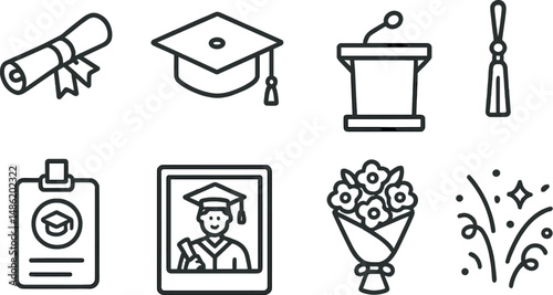 Graduation celebration line icons set – outline, commencement and ceremony symbols