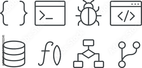 Coding and programming outline icons set – linear, development and software symbols