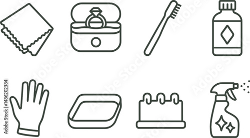 Jewelry cleaning tools linear icons set – outline, maintenance and care symbols