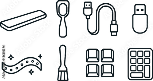 Keyboard accessories silhouette icons set – simple, device and gadget symbols