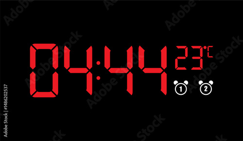 Digital Time Display with Red Numerals on Black Background Featuring Time 04:44, Temperature 23�C and Two Alarm Clock Icons
