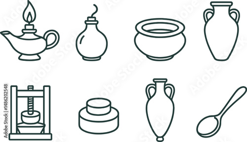 Ancient oil tools outline icons set – silhouette, historical and vintage artifact symbols