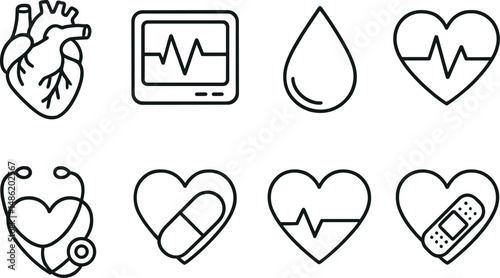 Medical heart line icons set – silhouette, healthcare and wellness symbols