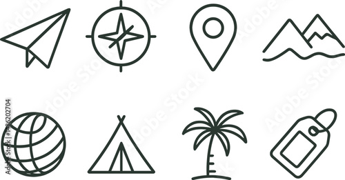 Travel adventure icons set – outline, journey, exploration symbols for travelers