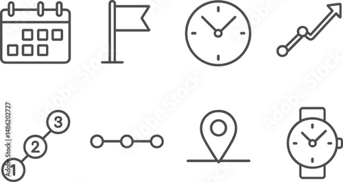 Timeline and infographics linear icons set – simple, compose and chronological symbols