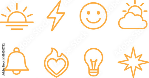 Orange mood outline icons set – glowing, bright and cheerful symbol collection