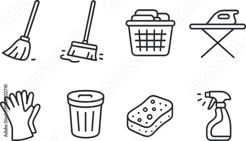 Household chores outline icons set – cleaning, domestic tasks and home maintenance symbols