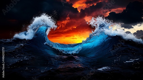 Vibrant Sunset Over Colorful Ocean Waves