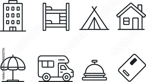 Travel and accommodation outline icons set – camping, trip and stay symbols