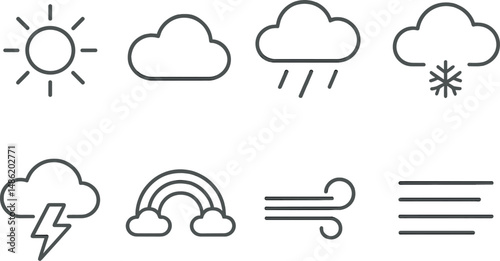 Nature and weather outline icons set – simple, climate and environmental symbols