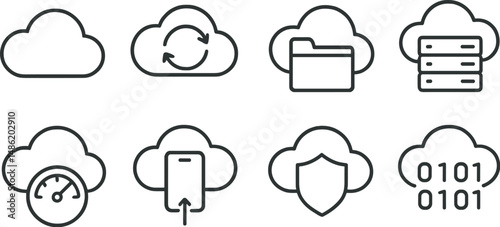 Cloud storage outline icons set – backup, data management, and file sharing graphics