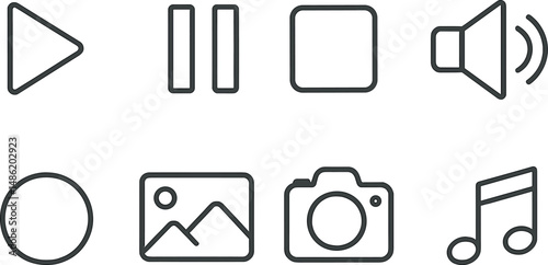 Multimedia icons set – outline, music, video, audio symbols for simple design projects