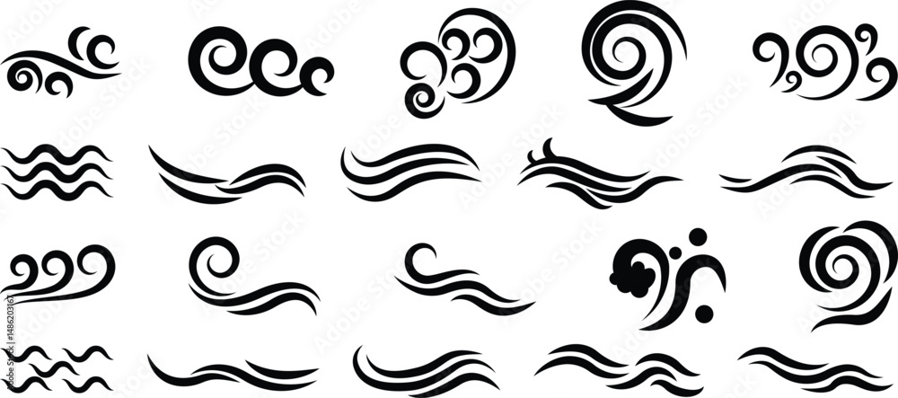 Fototapeta premium Art line set of Wave icon. Flat and simple wave vector. Abstract Wave beach symbol or logo design collection. Set of wavy zigzag lines. Wave Blue vector design elements. 