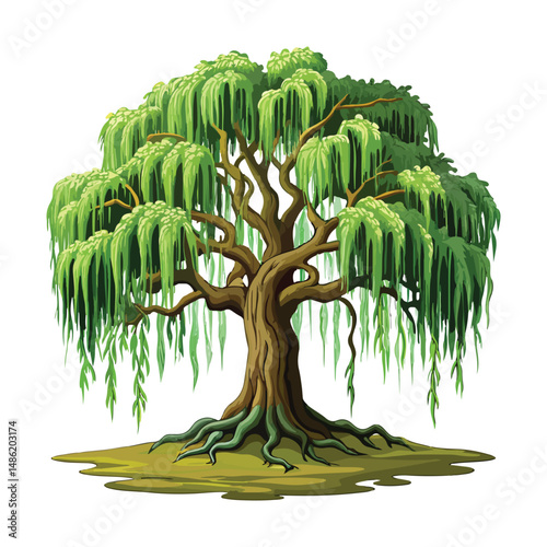 A majestic old willow tree with gracefully drooping branches on a clean white background.