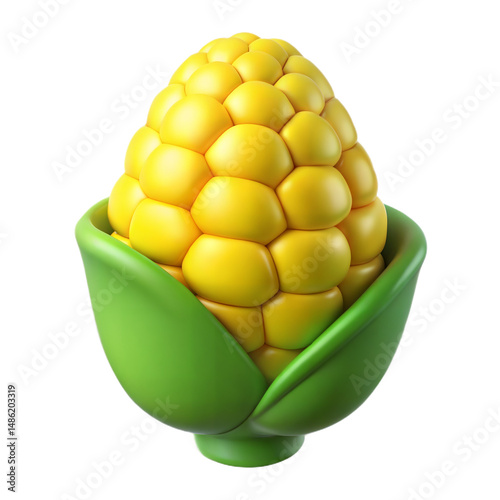 A 3D rendering of a cartoon corn on the cob, bright yellow kernels in a green husk