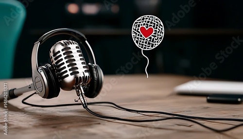 Vintage Microphone and Headphones Podcast Setup on Wooden Desk