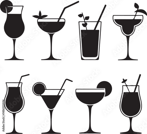 Collection of Eight Classic Cocktail Icons in Black