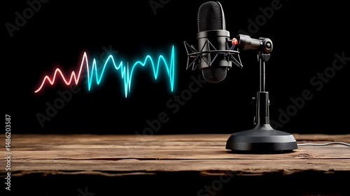 Vintage Microphone on Wooden Table in Dark Podcast Studio with Neon Sound Wave
