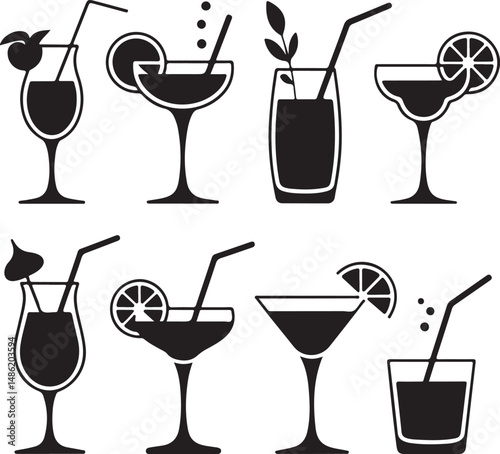 Collection of Eight Black and White Cocktail Icons