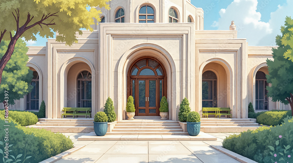 Fototapeta premium Beautiful architectural illustration of a modern building entrance surrounded by greenery and plants
