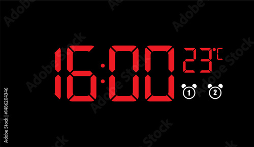 Bold Red Digital Display on Black Background Showing 16:00 Hours, 23 Degrees Celsius, and Dual Alarm Set, a Contemporary Design for Clock and Temperature Visualization