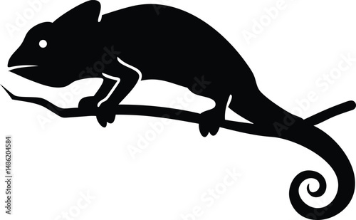 A black chameleon silhouette peacefully rests upon a small branch in this attractive view