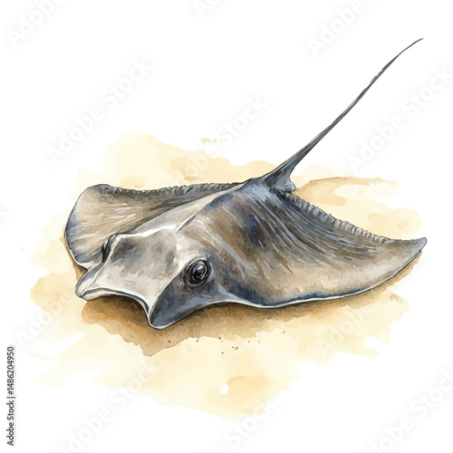 Stingray Gliding Over Sand, watercolor illustration vector, high quality, isolated on a white background.