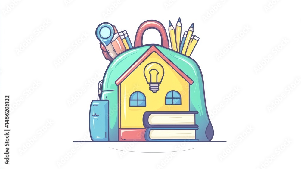 Fototapeta premium Backpack filled with school supplies. A house-shaped backpack is filled with pens, pencils, books, and a lightbulb