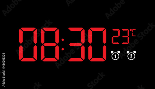 Vibrant Red Digital Clock Displaying 08:30 Time with 23�C Temperature on Black Background, Featuring Alarm Icons and a Modern Aesthetic, Perfect for Timekeeping Applications