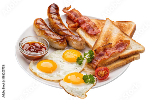 A full english breakfast with sausages bacon eggs toast and tomato sauce on a white plate top view on transparent background