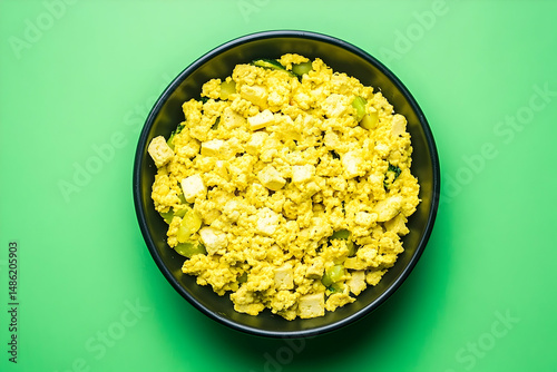 A vibrant dish of scrambled tofu and vegetables in a bowl.