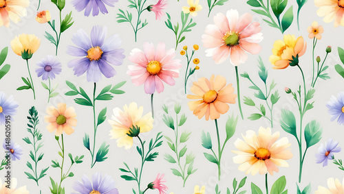  This watercolor painting showcases a seamless pattern of various wildflowers, featuring soft hues of purple, yellow, orange, and green.