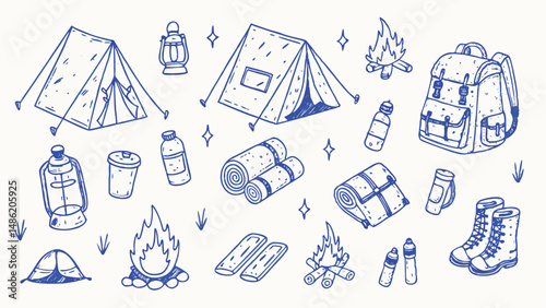 Hand drawn camping elements and outdoor adventure illustrations perfect for creating travel brochures camping guides or nature themed designs