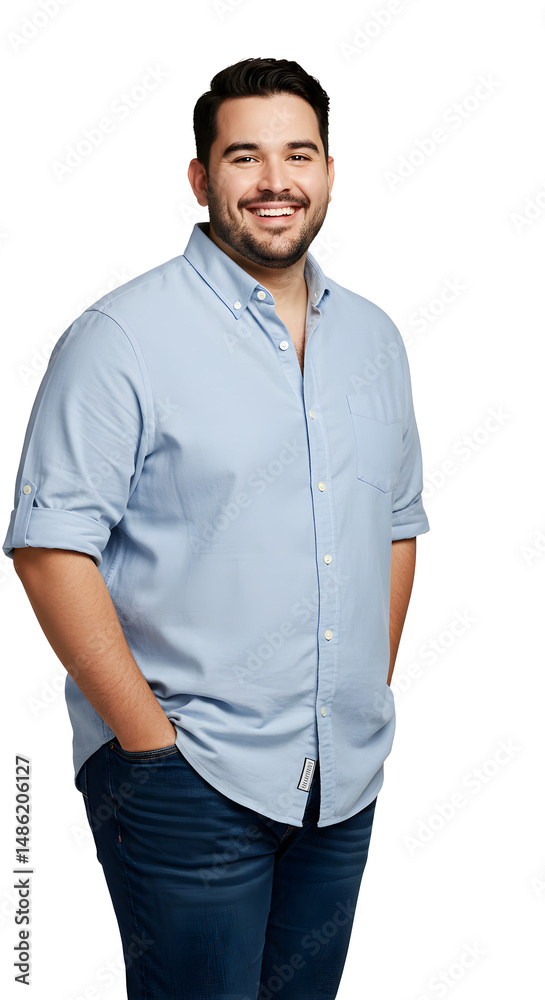Fototapeta premium Plus-size man with a casual button-up shirt and jeans, smiling warmly, isolated background