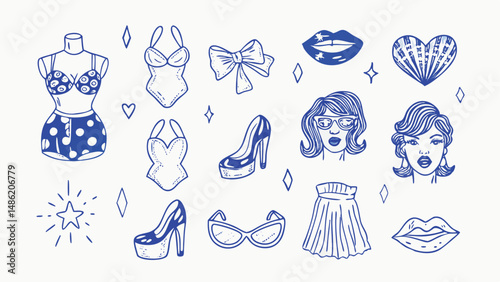 Hand drawn vintage fashion and pin up icons a collection of classic style illustrations